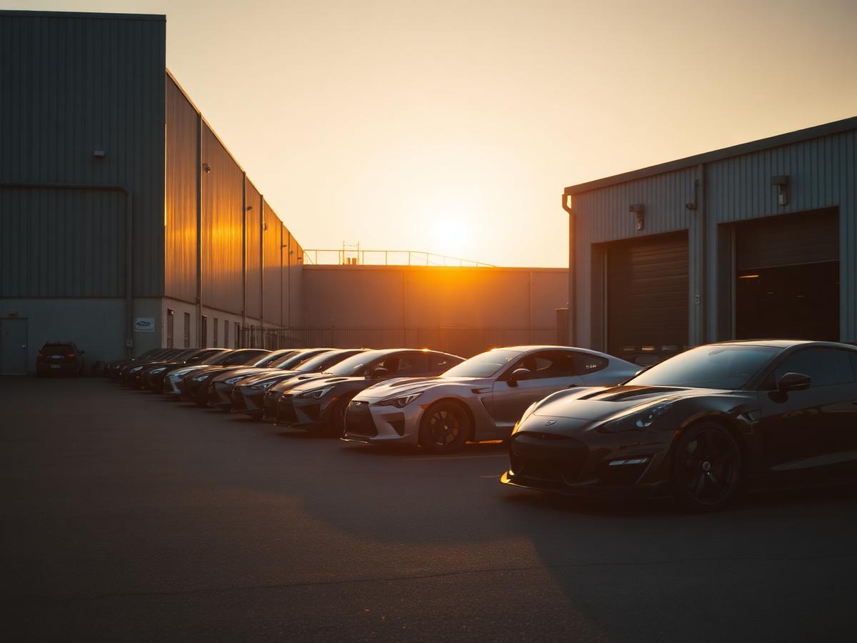 Row of performance cars outside garage